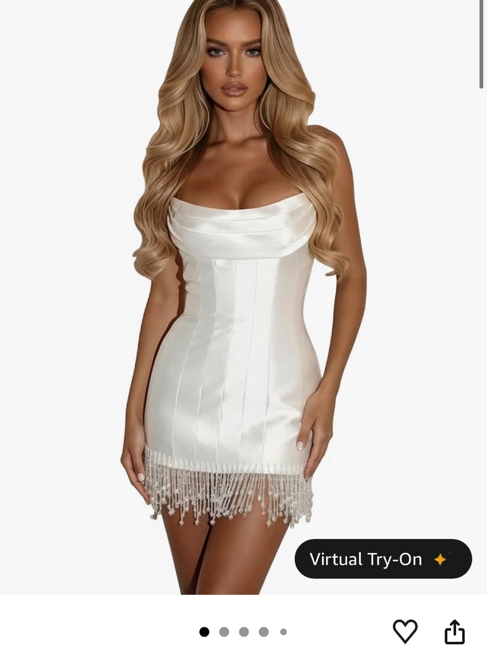 White Satin Mini Dress with Beaded Fringe